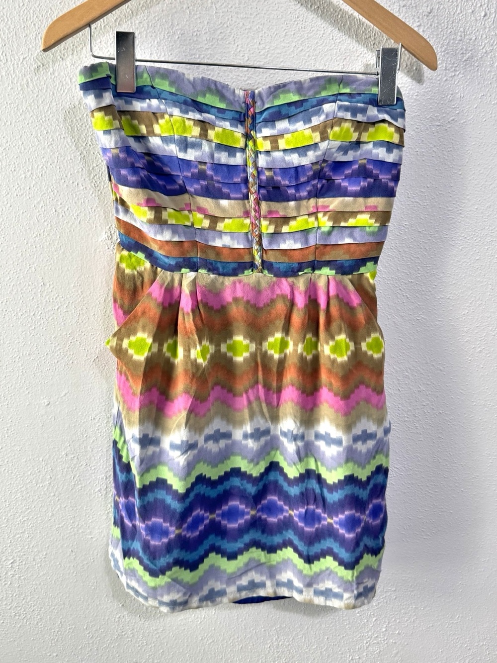 charlie jade Strapless Zigzag Print Dress in Purple, Pink & Green silk
